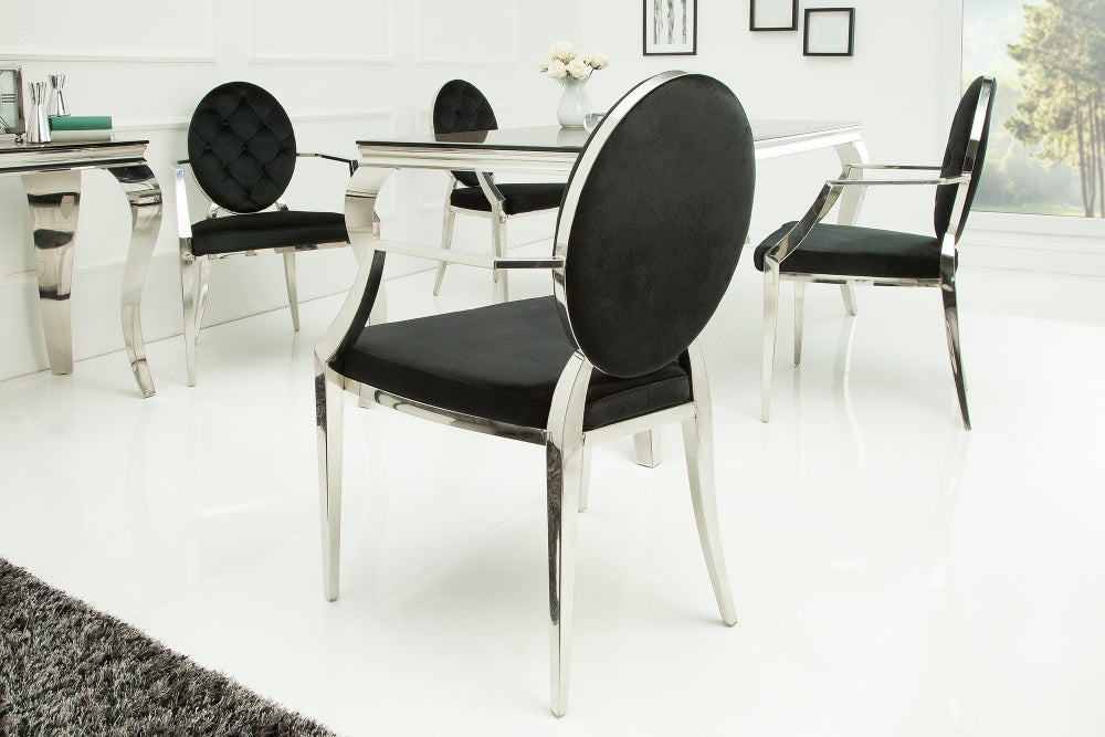 Scaun tapitat cu Catifea Negru cu picioare din Otel inoxidabil Argintiu H92xL63xA64cm Barock Modern