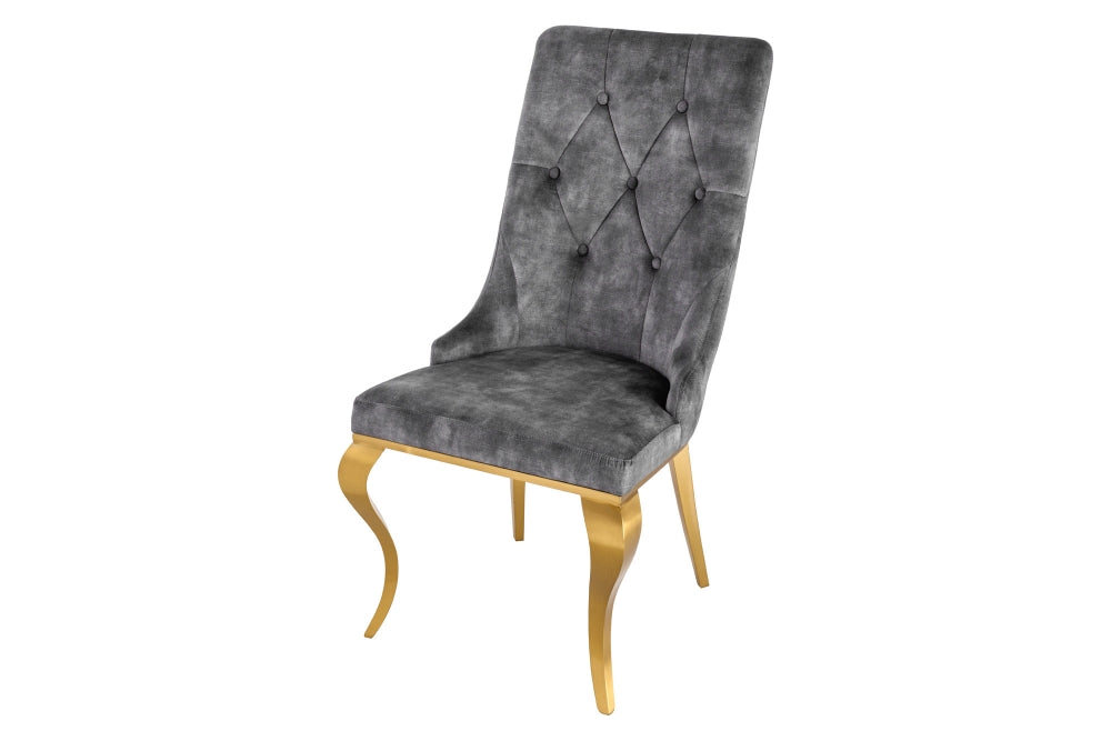 Set 2 scaune tapitat cu Catifea Gri cu picioare din Otel inoxidabil Auriu H102xL55xA67cm Barock Lion