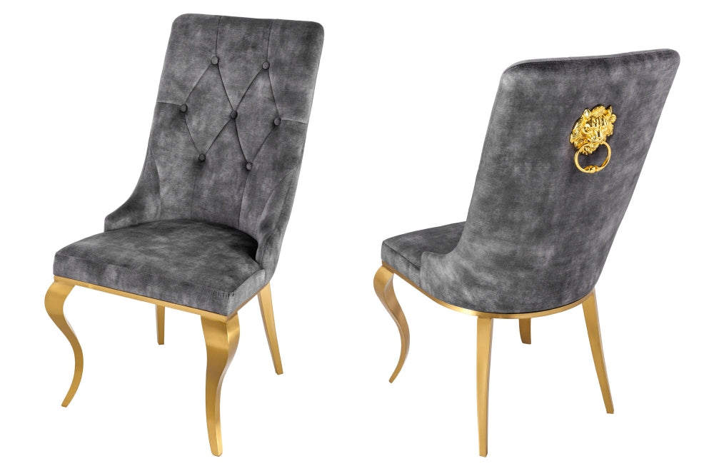 Set 2 scaune tapitat cu Catifea Gri cu picioare din Otel inoxidabil Auriu H102xL55xA67cm Barock Lion