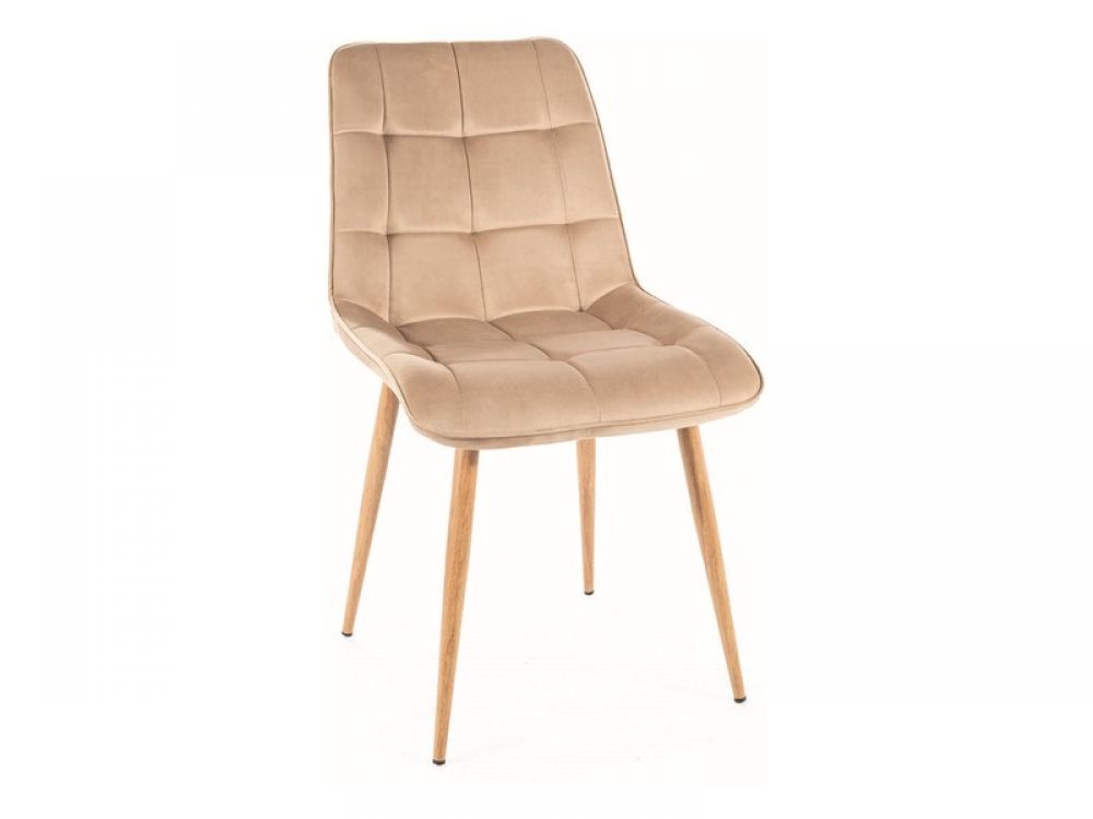Scaun tapitat cu Catifea Bej cu picioare metalice cu aspect de lemn de stejar H88xL50xA58cm Chic
