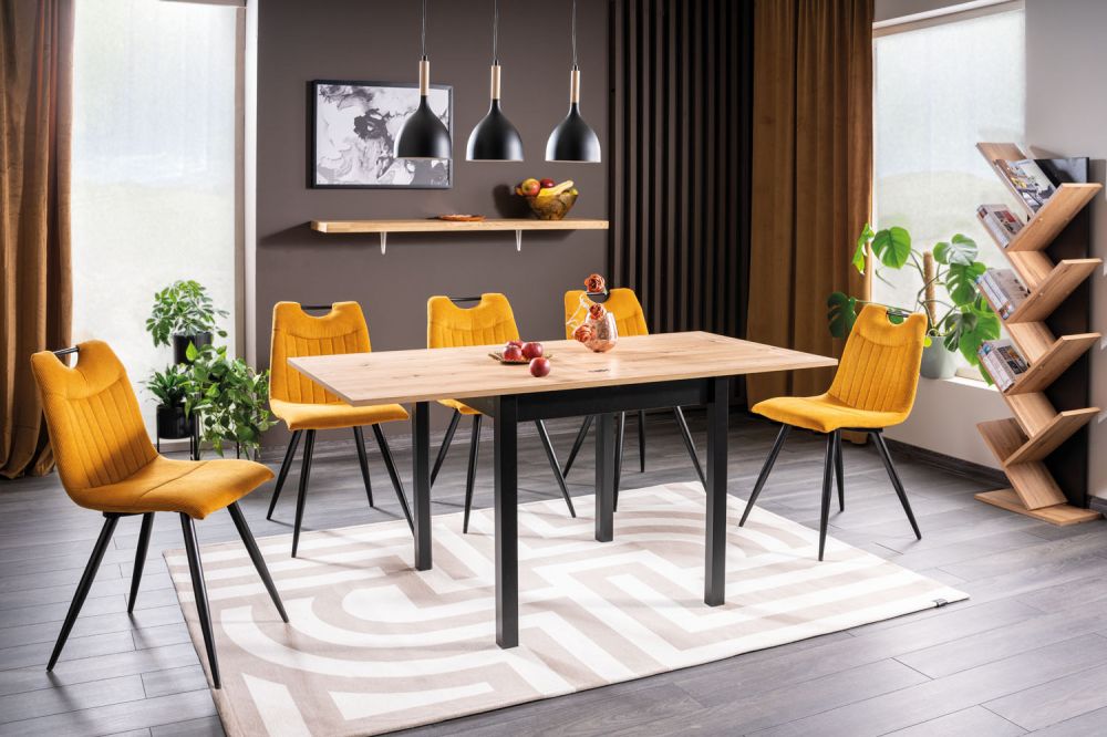 Masa extensibila cu blat din PAL nuanta stejar artizanal si picioare din PAL Negru L80-160cm Flip