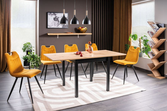 Masa extensibila cu blat din PAL nuanta stejar artizanal si picioare din PAL Negru L80-160cm Flip