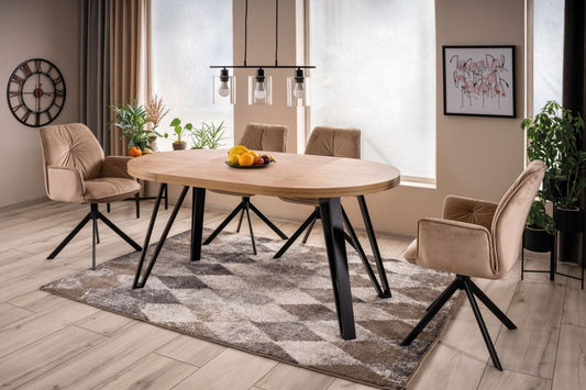 Masa rotunda extensibila cu blat din PAL nuanta stejar artizanal cu picioare din Metal Negru L100-168cm Galaxy
