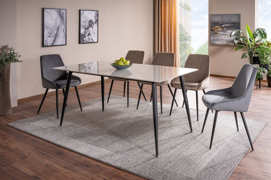 Masa dreptunghiulara cu blat din Ceramica cu efect de marmura Alba si picioare din Metal Negru L160xH76cm