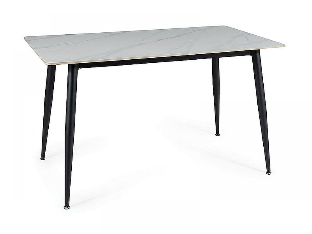 Masa dreptunghiulara cu blat din Ceramica cu efect de marmura Alba si picioare din Metal Negru L160xH76cm