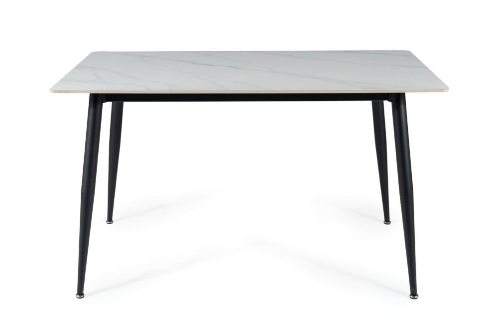 Masa dreptunghiulara cu blat din Ceramica cu efect de marmura Alba si picioare din Metal Negru L160xH76cm