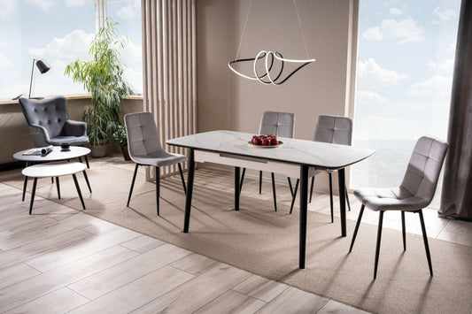 Masa extensibila cu blat din Ceramica cu efect de marmura Alb cu picioare din Metal Negru L120-160cm Apollo