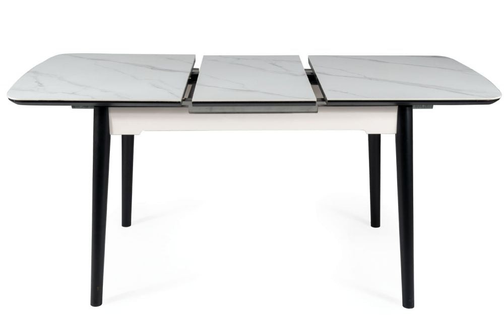 Masa extensibila cu blat din Ceramica cu efect de marmura Alb cu picioare din Metal Negru L120-160cm Apollo