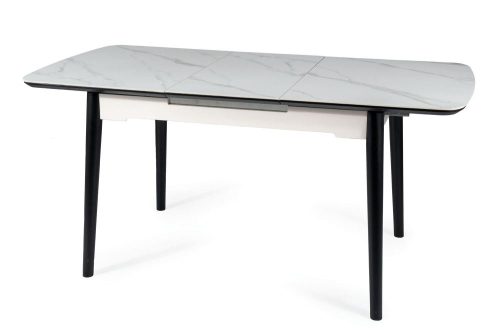 Masa extensibila cu blat din Ceramica cu efect de marmura Alb cu picioare din Metal Negru L120-160cm Apollo