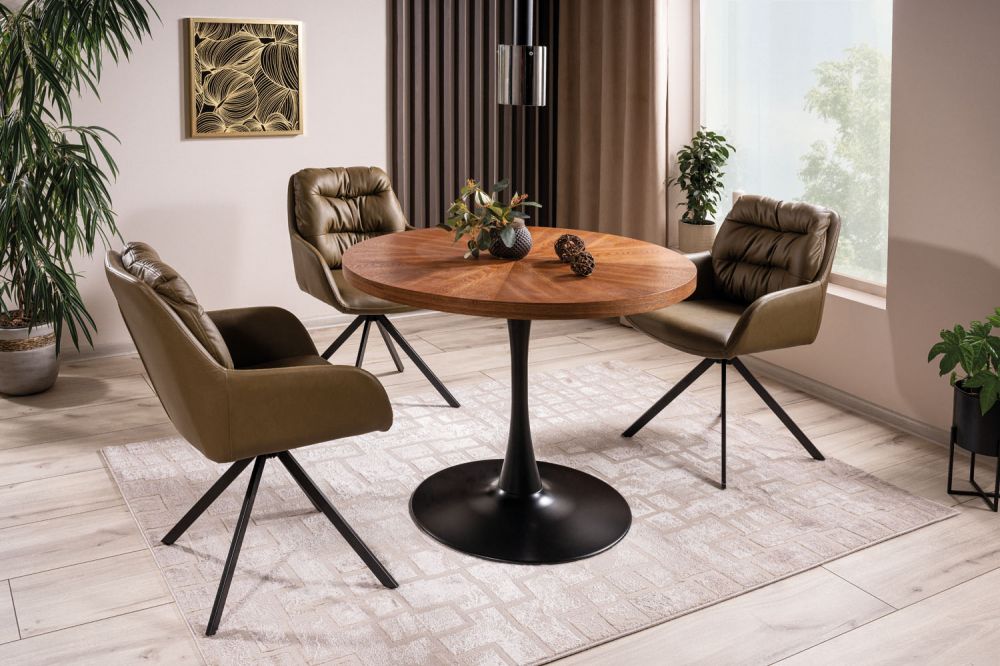 Masa rotunda cu blat din MDF cu furnir din lemn de nuc si picioare din Metal Negru D100xH76cm Amadeo