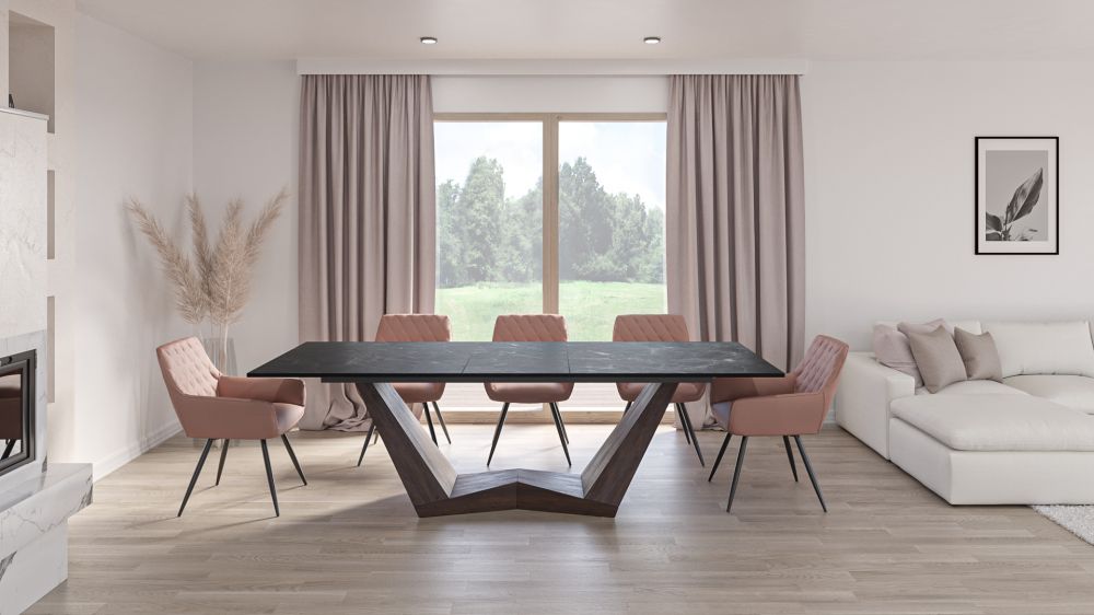 Masa extensibila cu blat din Sticla securizata cu efect de marmura Negru si baza din MDF furniruit cu lemn de nuc L 200-250cm Bonucci