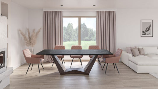 Masa extensibila cu blat din Sticla securizata cu efect de marmura Negru si baza din MDF furniruit cu lemn de nuc L 200-250cm Bonucci