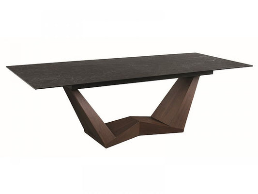 Masa extensibila cu blat din Sticla securizata cu efect de marmura Negru si baza din MDF furniruit cu lemn de nuc L 200-250cm Bonucci