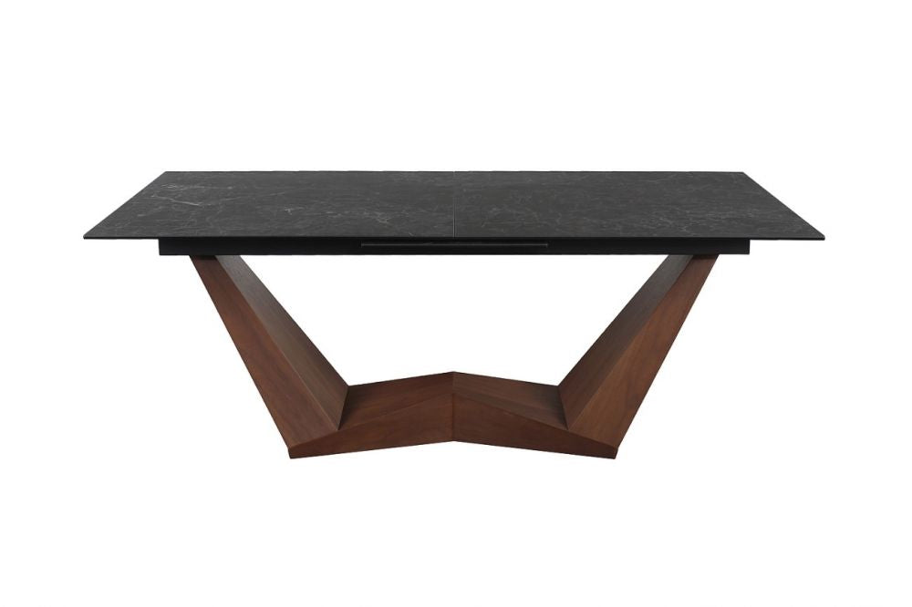 Masa extensibila cu blat din Sticla securizata cu efect de marmura Negru si baza din MDF furniruit cu lemn de nuc L 200-250cm Bonucci