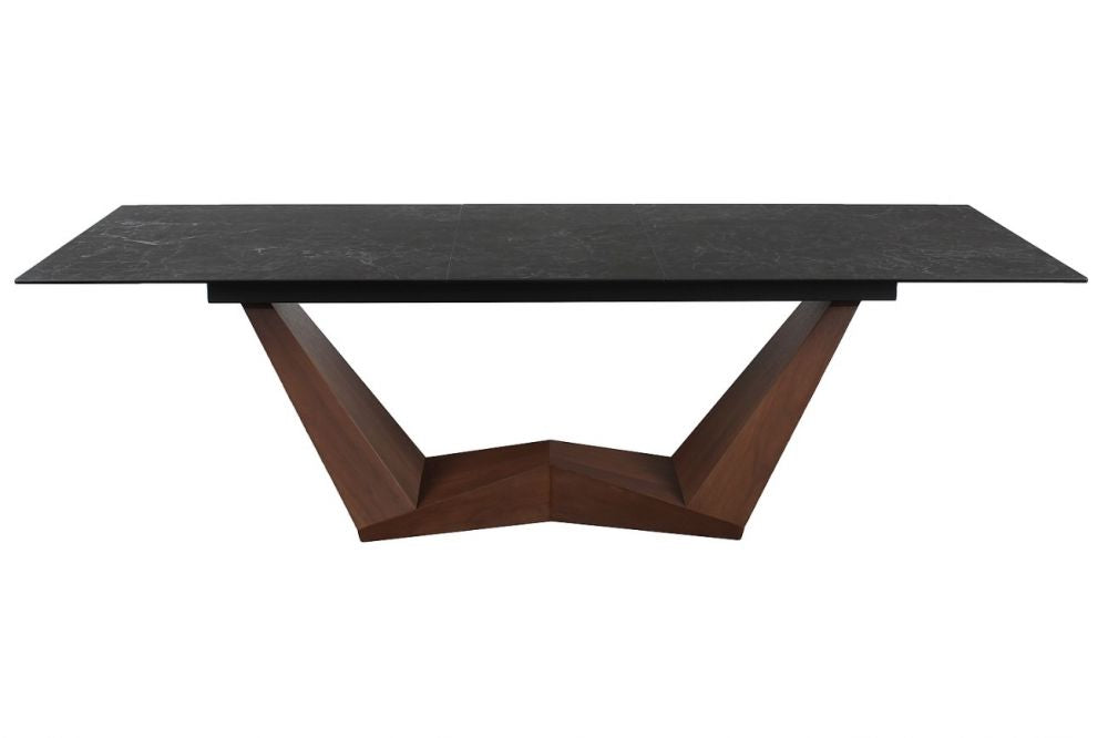 Masa extensibila cu blat din Sticla securizata cu efect de marmura Negru si baza din MDF furniruit cu lemn de nuc L 200-250cm Bonucci