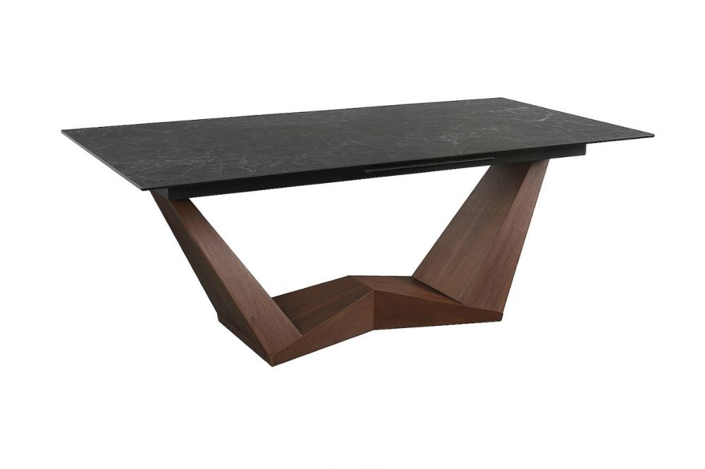 Masa extensibila cu blat din Sticla securizata cu efect de marmura Negru si baza din MDF furniruit cu lemn de nuc L 200-250cm Bonucci