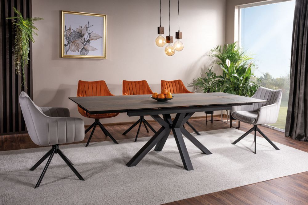 Masa extensibila cu blat din Sticla securizata cu efect de lemn cu picioare din Metal Negru L160x240cm Columbus