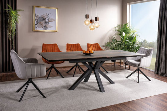 Masa extensibila cu blat din Sticla securizata cu efect de lemn cu picioare din Metal Negru L160x240cm Columbus
