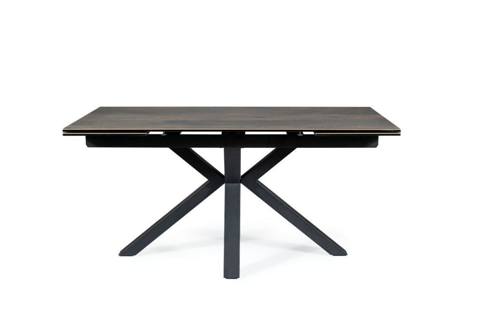 Masa extensibila cu blat din Sticla securizata cu efect de lemn cu picioare din Metal Negru L160x240cm Columbus
