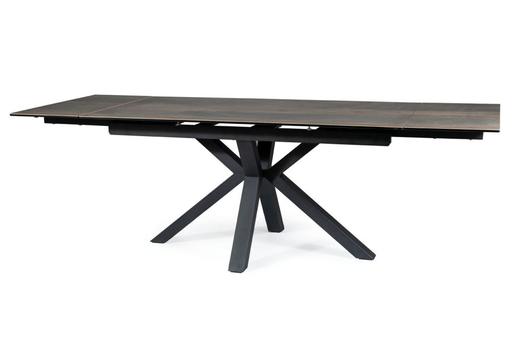 Masa extensibila cu blat din Sticla securizata cu efect de lemn cu picioare din Metal Negru L160x240cm Columbus