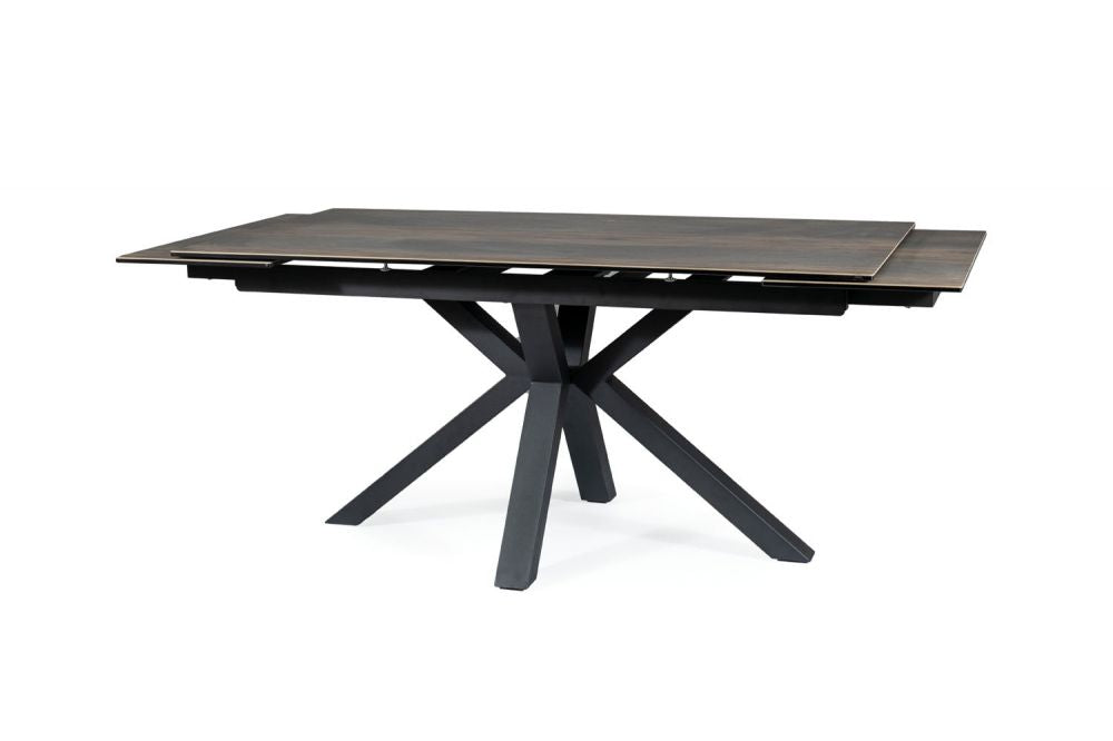 Masa extensibila cu blat din Sticla securizata cu efect de lemn cu picioare din Metal Negru L160x240cm Columbus