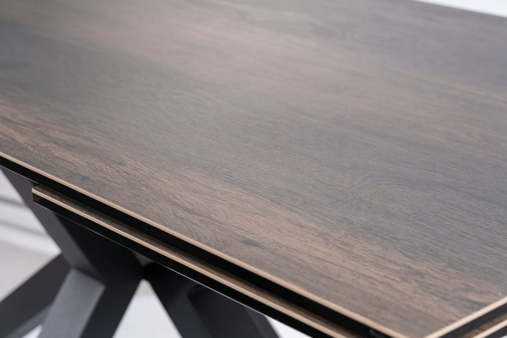 Masa extensibila cu blat din Sticla securizata cu efect de lemn cu picioare din Metal Negru L160x240cm Columbus