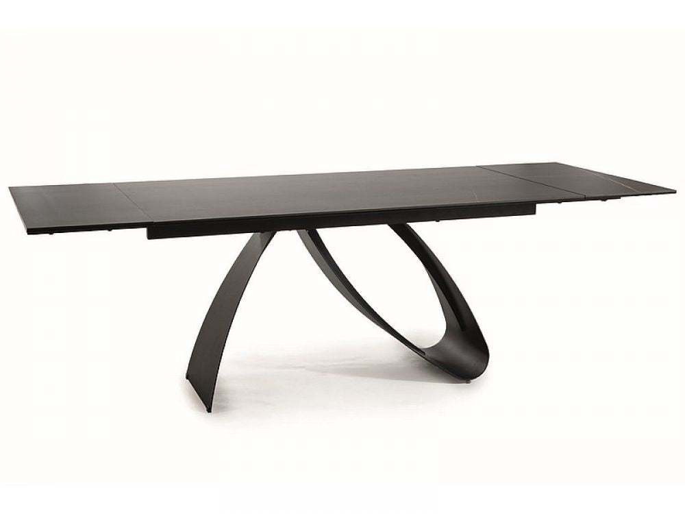 Masa extensibila cu blat din Sticla securizata cu efect de marmura cu picioare din Metal Negru L160x240cm Diuna