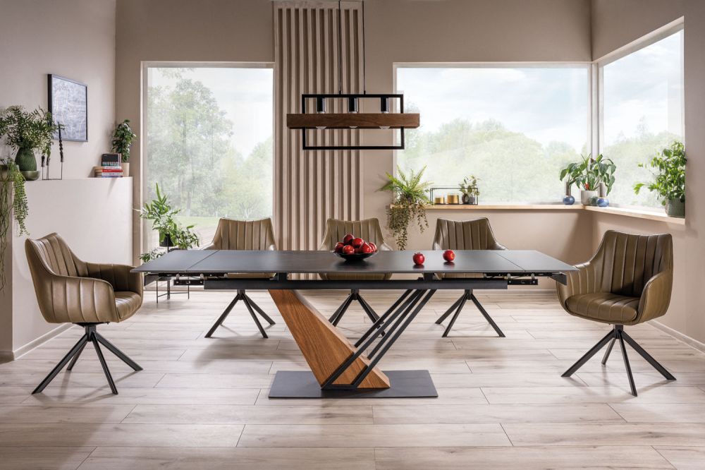 Masa extensibila cu blat din Ceramica cu efect de marmura Negru cu baza din Metal Negru si MDF furniruit L180-240cm Genesis