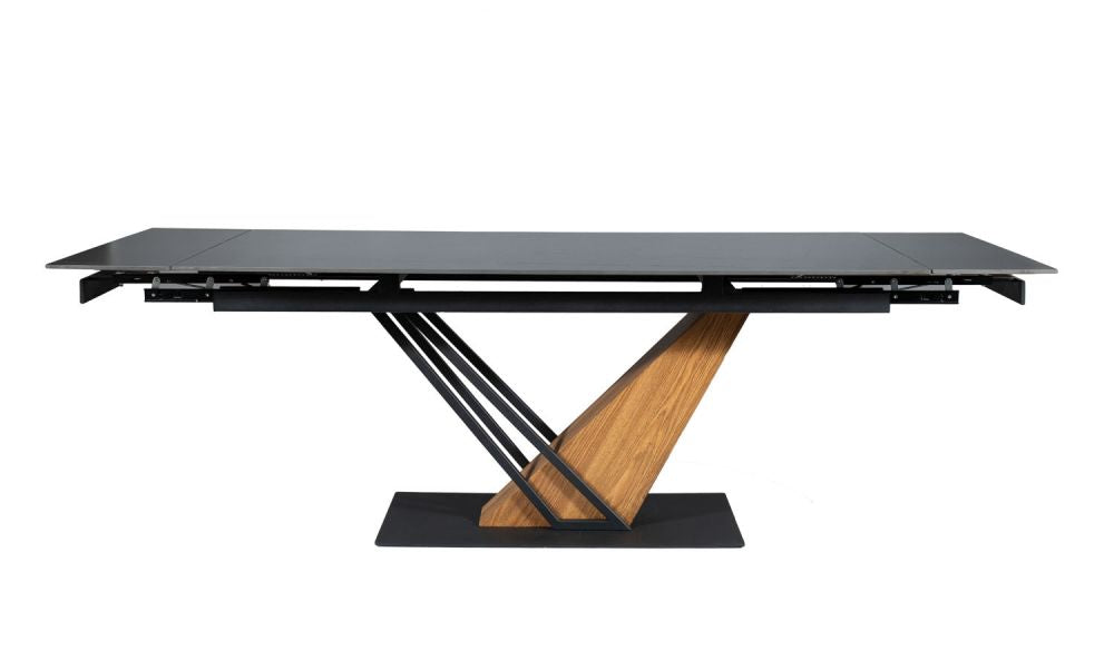 Masa extensibila cu blat din Ceramica cu efect de marmura Negru cu baza din Metal Negru si MDF furniruit L180-240cm Genesis