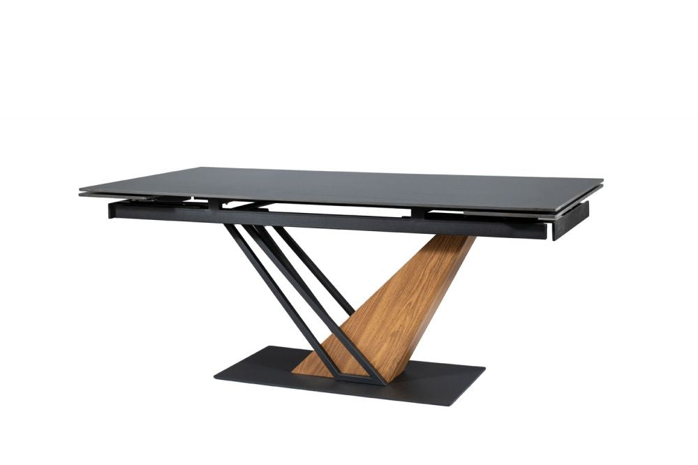 Masa extensibila cu blat din Ceramica cu efect de marmura Negru cu baza din Metal Negru si MDF furniruit L180-240cm Genesis