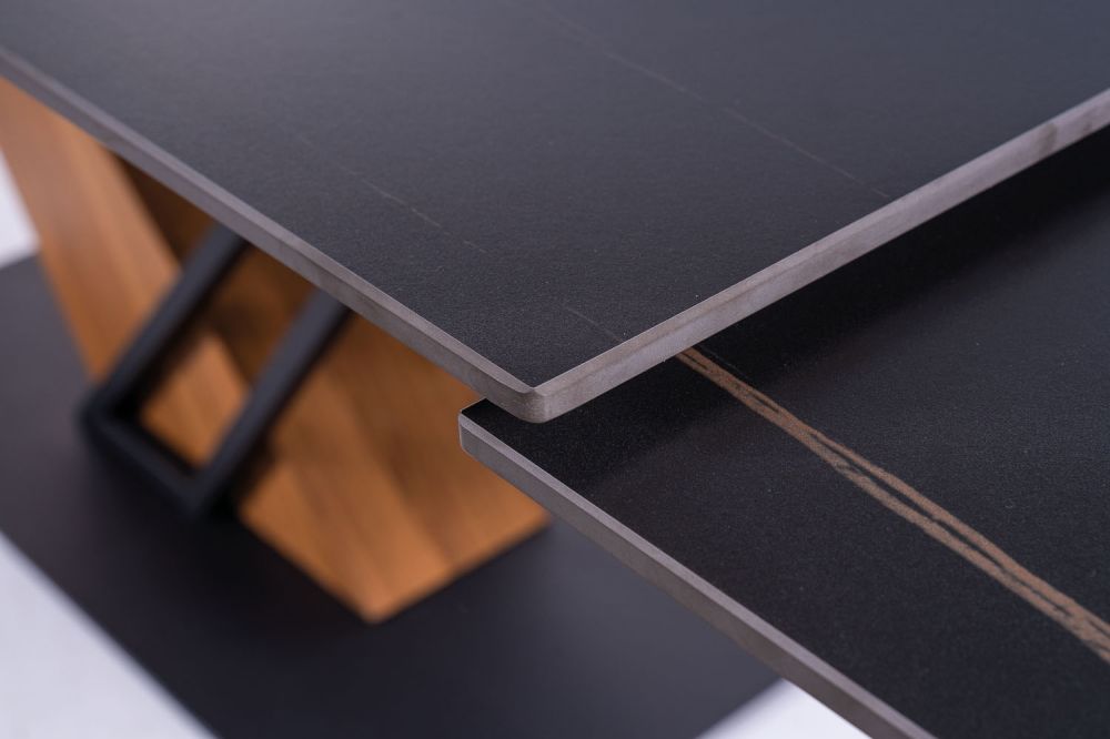 Masa extensibila cu blat din Ceramica cu efect de marmura Negru cu baza din Metal Negru si MDF furniruit L180-240cm Genesis
