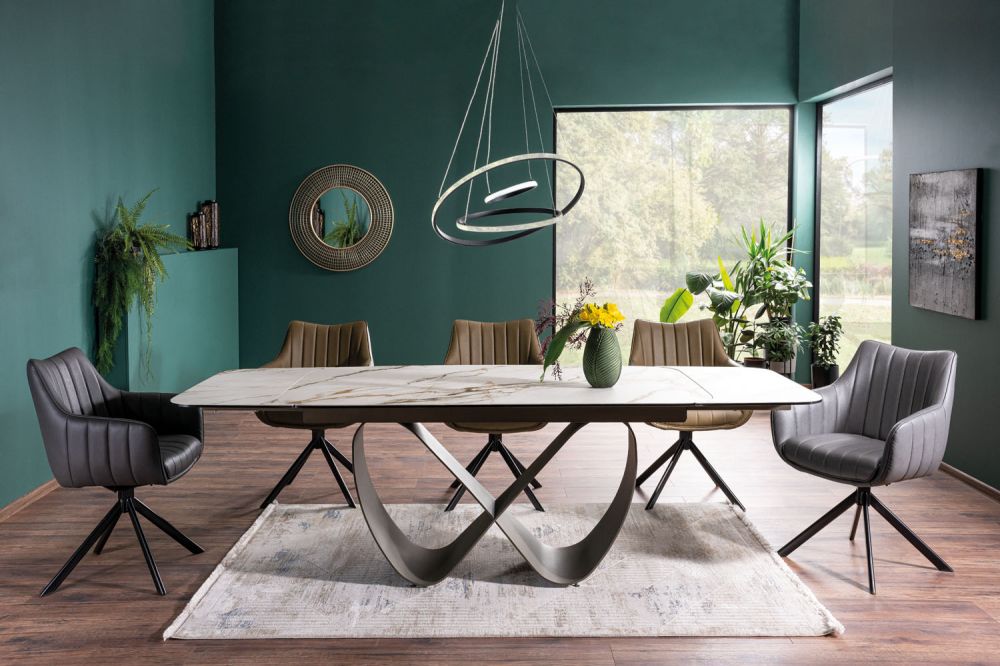 Masa extensibila cu blat din Sticla securizata+Ceramica cu efect de marmura Alba cu baza din Metal Khaki inchis L160-240cm Infinity