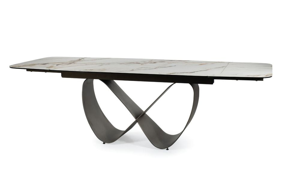 Masa extensibila cu blat din Sticla securizata+Ceramica cu efect de marmura Alba cu baza din Metal Khaki inchis L160-240cm Infinity