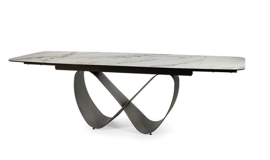 Masa extensibila cu blat din Sticla securizata+Ceramica cu efect de marmura Alba cu baza din Metal Khaki inchis L160-240cm Infinity