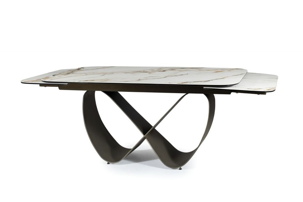Masa extensibila cu blat din Sticla securizata+Ceramica cu efect de marmura Alba cu baza din Metal Khaki inchis L160-240cm Infinity