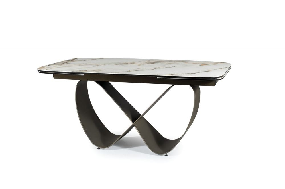 Masa extensibila cu blat din Sticla securizata+Ceramica cu efect de marmura Alba cu baza din Metal Khaki inchis L160-240cm Infinity