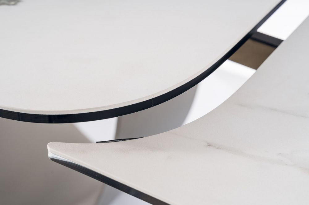 Masa extensibila cu blat din Sticla securizata+Ceramica cu efect de marmura Alba cu baza din Metal Khaki inchis L160-240cm Infinity