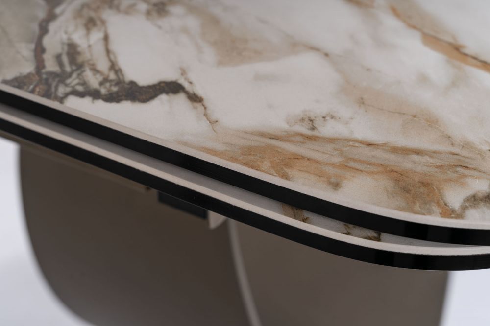 Masa extensibila cu blat din Sticla securizata+Ceramica cu efect de marmura Alba cu baza din Metal Khaki inchis L160-240cm Infinity