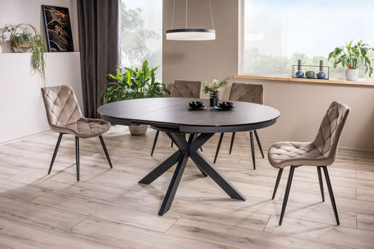 Masa rotunda extensibila cu blat din Sticla securizata Gri cu picioare din Metal Negru L120-160cm