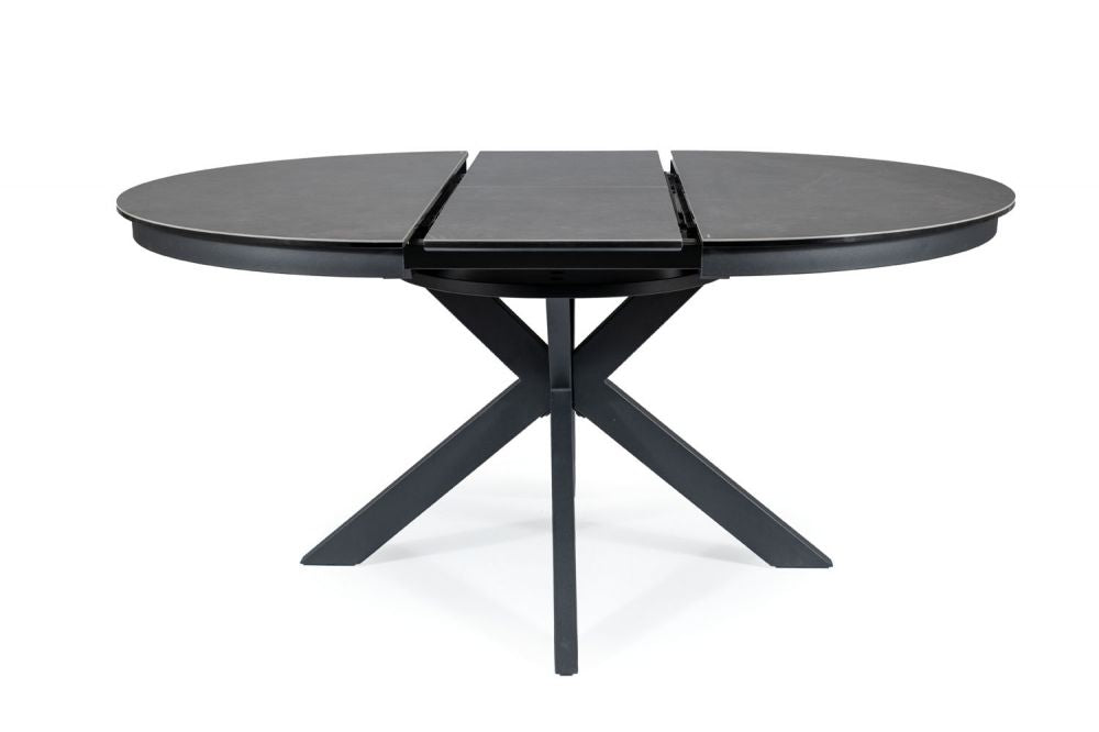 Masa rotunda extensibila cu blat din Sticla securizata Gri cu picioare din Metal Negru L120-160cm