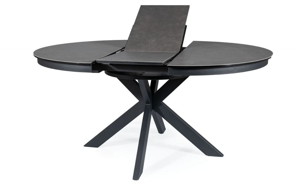 Masa rotunda extensibila cu blat din Sticla securizata Gri cu picioare din Metal Negru L120-160cm