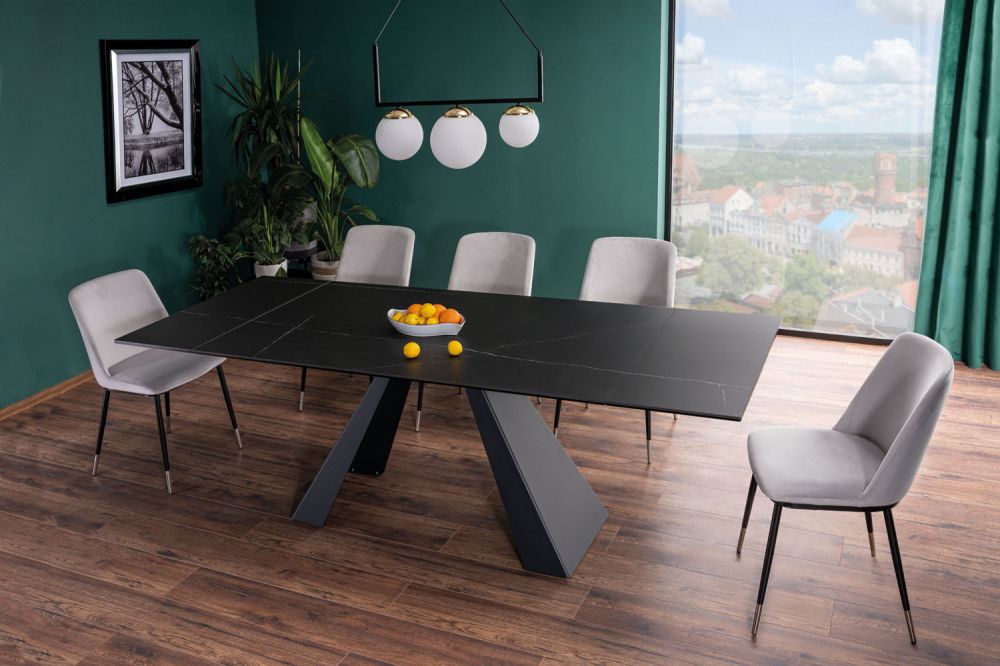 Masa extensibila cu blat din Sticla securizata Negru cu picioare din Metal Negru L160x240cm Salvadore
