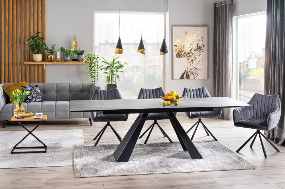 Masa extensibila cu blat din Sticla securizata Gri antracit cu picioare din Metal Negru L180x260cm Salvadore