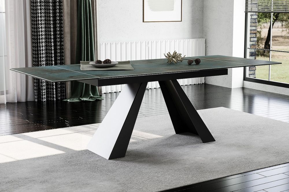 Masa extensibila cu blat din Sticla securizata Turcoaz cu picioare din Metal Negru L160x240cm Salvadore