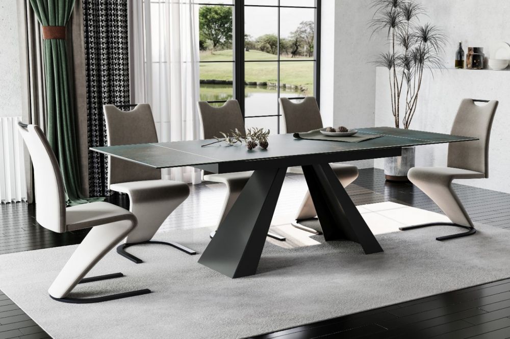 Masa extensibila cu blat din Sticla securizata Turcoaz cu picioare din Metal Negru L160x240cm Salvadore