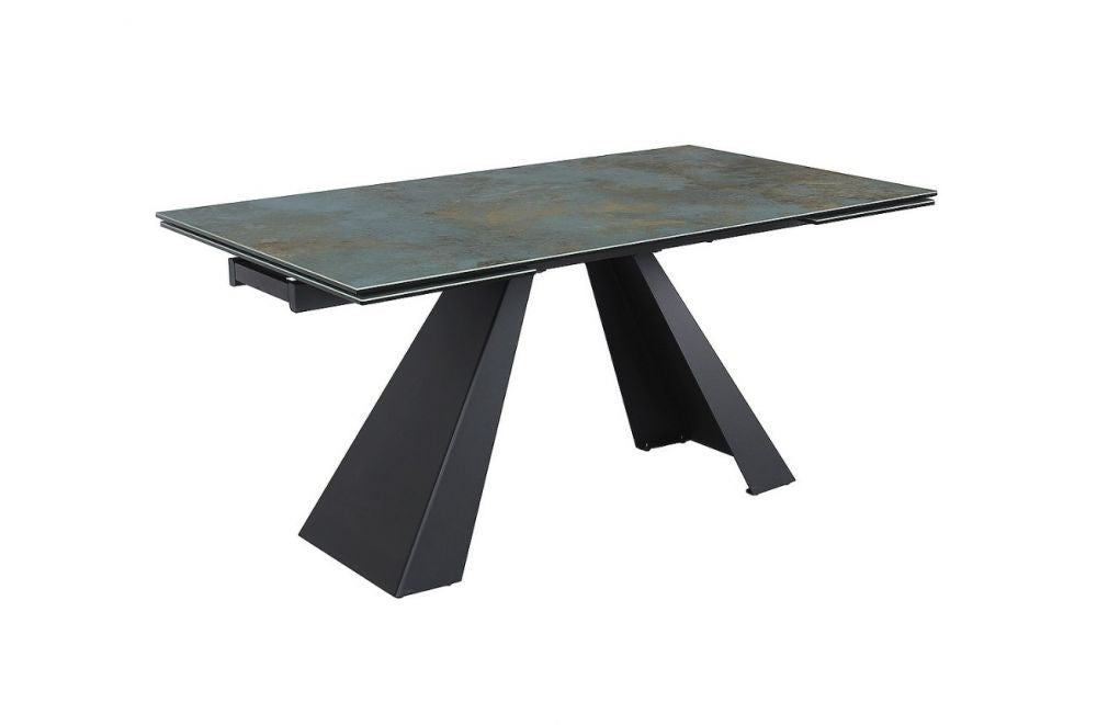 Masa extensibila cu blat din Sticla securizata Turcoaz cu picioare din Metal Negru L160x240cm Salvadore