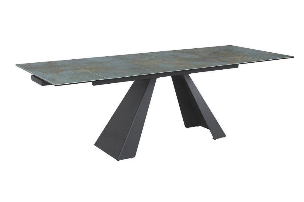 Masa extensibila cu blat din Sticla securizata Turcoaz cu picioare din Metal Negru L160x240cm Salvadore