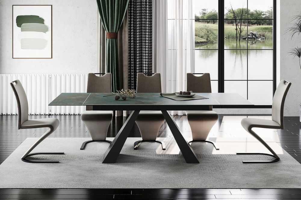 Masa extensibila cu blat din Sticla securizata Turcoaz cu picioare din Metal Negru L160x240cm Salvadore