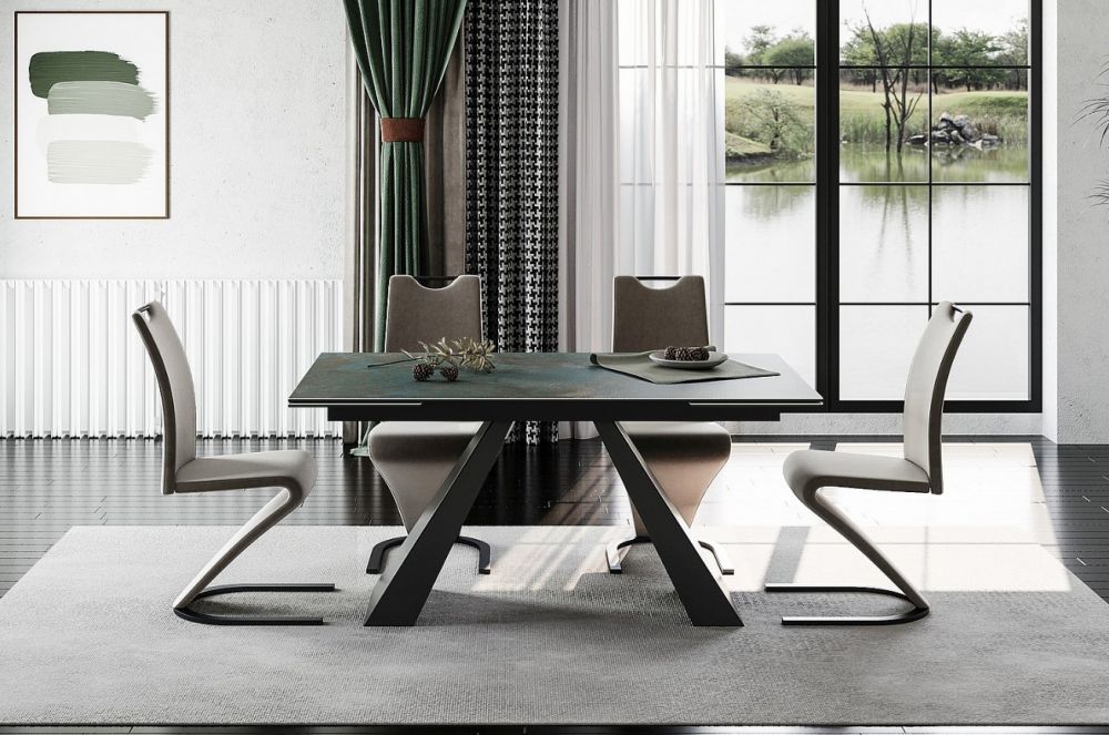 Masa extensibila cu blat din Sticla securizata Turcoaz cu picioare din Metal Negru L160x240cm Salvadore