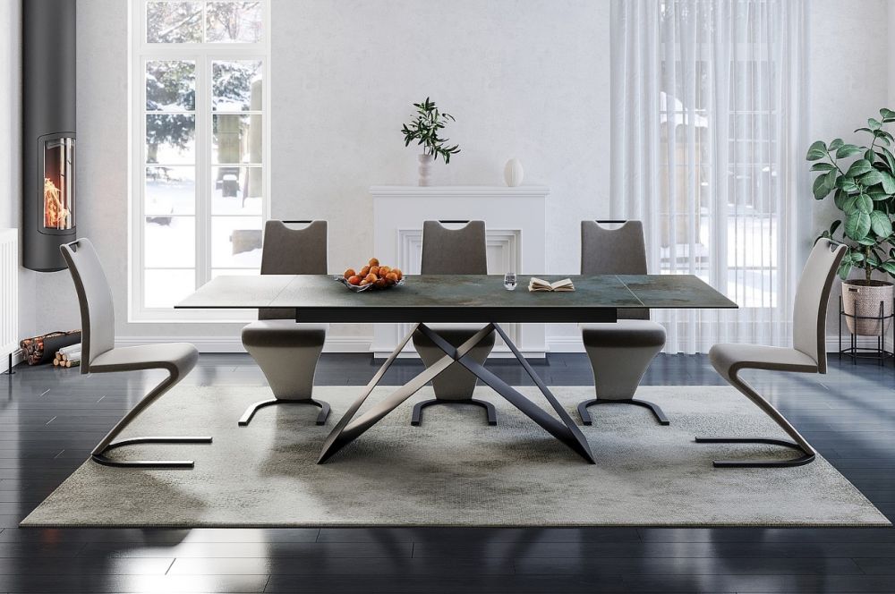 Masa extensibila cu blat din Sticla securizata Turcoaz cu picioare din Metal Negru L160x240cm Westin